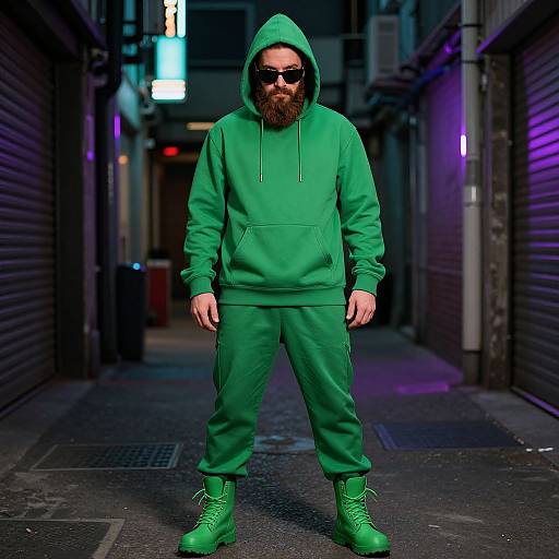 Photograph of a bearded man in a green hoodie, pants, and boots, standing in a neon-lit urban alley at night.