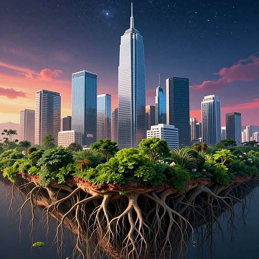 Photorealistic digital art of a futuristic cityscape with towering skyscrapers, floating on an island with lush greenery and exposed roots, against a