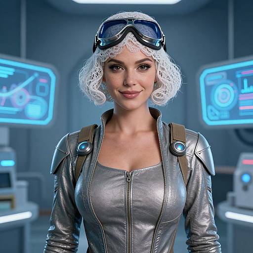 Photorealistic digital art of a white-haired woman in a silver leather jacket with goggles, blue glowing tech screens in the background.