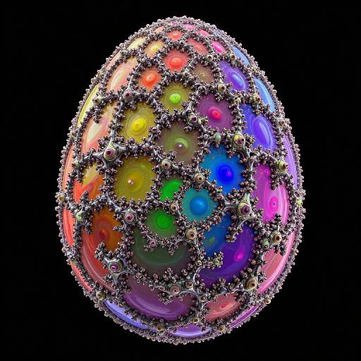 Digital CGI image of a vibrant, multicolored sphere with metallic, crystalline textures and numerous glowing, rainbow-colored orbs set against a black background.
