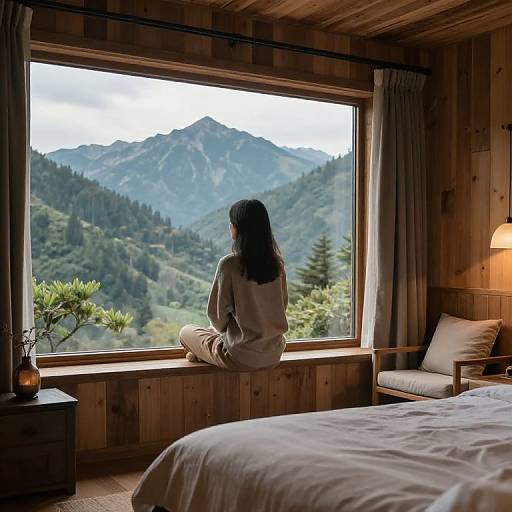 Photograph of a woman with long black hair in beige pajamas sitting on a wooden window seat, gazing at a mountainous forest view from a