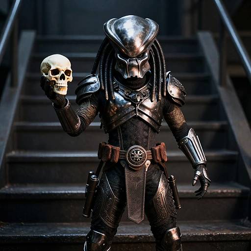 Tense Predator Warrior in Metallic Armor