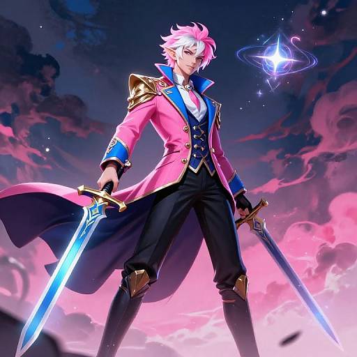 Digital anime-style artwork of a pink-haired male warrior with a pink coat, gold shoulder epaulettes, black pants, and dual glowing swords,
