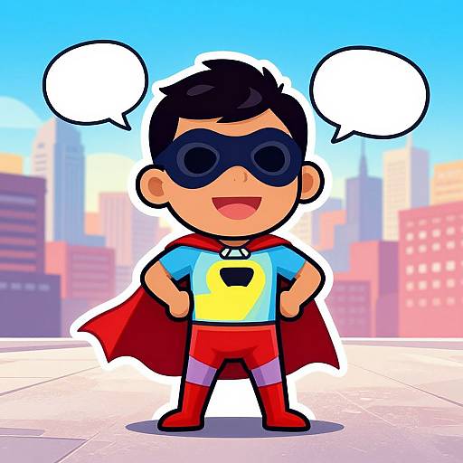 Cartoon-style drawing of a cheerful, chibi superhero with black mask, red cape, blue shirt, yellow emblem, red pants, and boots,
