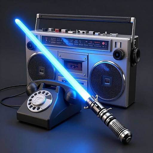 Photograph of a silver radio with blue lights, black rotary phone, and glowing blue lightsaber, against a dark background.