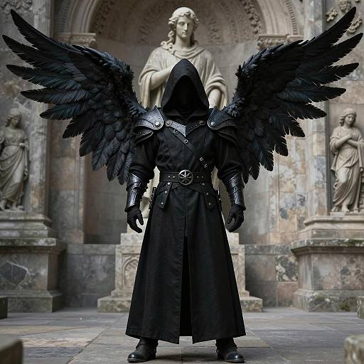Dark Angel Warrior with Black Wings in Medieval Attire