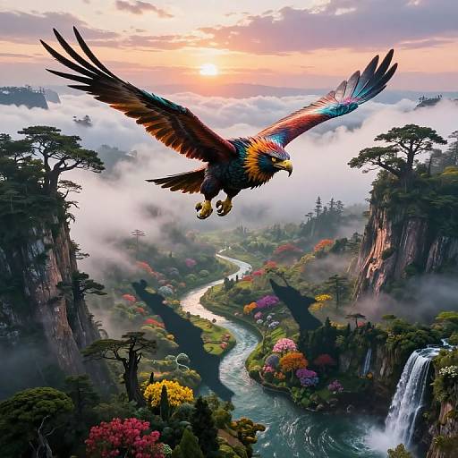 Digital art: Vibrant, majestic eagle with multicolored feathers soars over a lush, misty valley with a winding river, waterfall, and