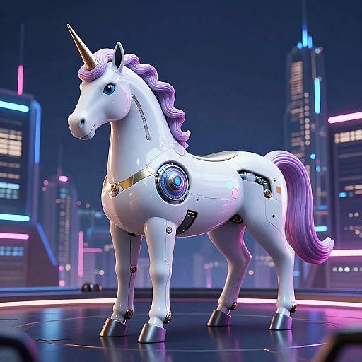CGI image of a white, robotic unicorn with a purple mane and tail, standing on a neon-lit cityscape stage.