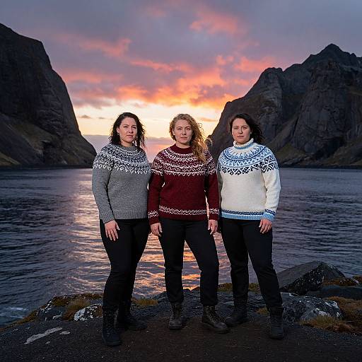Photograph of three women standing on a rocky shore at sunset, wearing patterned sweaters, with dark mountains and a colorful sky in the background.