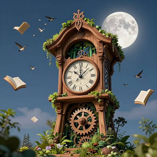Whimsical wooden clock tower with gears, vines, and books floating, under a full moon in a clear blue sky.