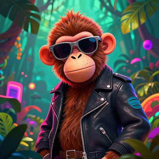 Digital illustration of a cool, anthropomorphic brown monkey with sunglasses, wearing a black leather jacket, set in a vibrant, neon-lit jungle.
