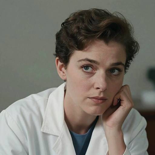 Photograph of a serious, fair-skinned woman with short, curly brown hair, wearing a white lab coat, resting her chin on her hand against
