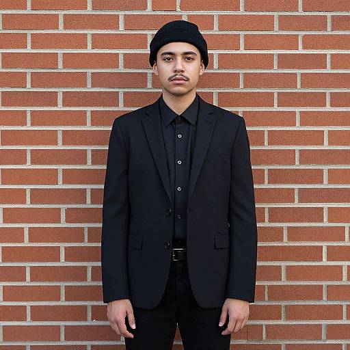 Photograph of a young man with medium skin tone, wearing a black beanie, black suit, black shirt, and black pants, standing against a