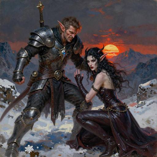 Epic Duel of Elf Warriors at Winter Sunset