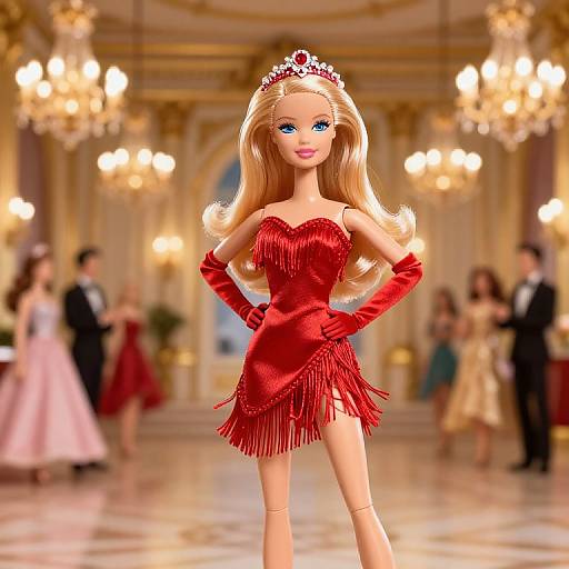 Blonde Barbie in red fringed dress and gloves, silver tiara, stands confidently in opulent ballroom with blurred elegant guests. (Digital art