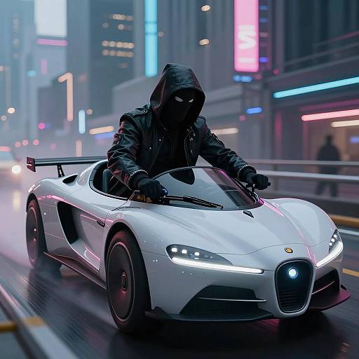 Mysterious hacker driving futuristic hovercar in cyberpunk city