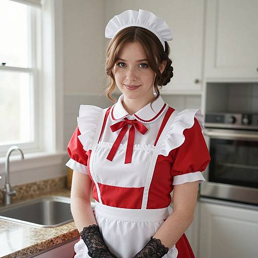 Photograph of a young Caucasian woman with brown hair in a red and white French maid outfit, black lace gloves, standing in a bright kitchen with white
