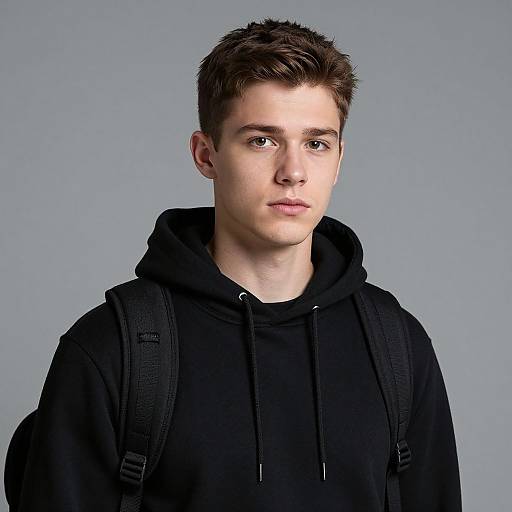 Photograph of a young, fair-skinned man with short brown hair, wearing a black hooded sweatshirt and backpack, against a plain gray background