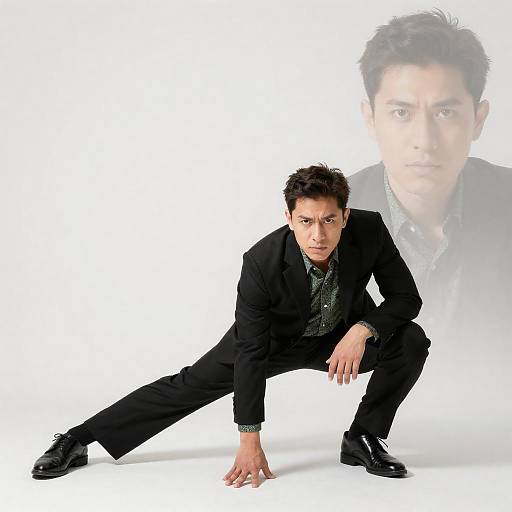 Man in Black Suit Stretching and Crouching