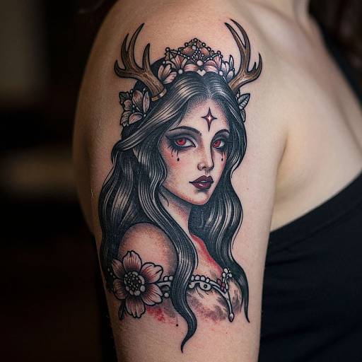Tattoo of a dark-haired, pale-skinned woman with antlers, red eyes, black lipstick, and floral crown on upper arm, featuring