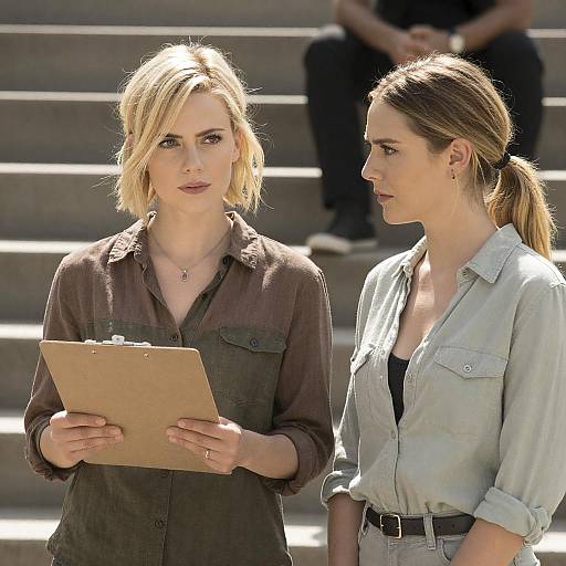 Two Women Discussing Outdoors on Concrete Steps