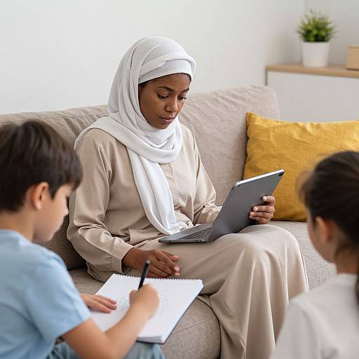 Photograph of a Muslim woman in a beige kaftan and white hijab, sitting on a beige couch, writing on a tablet, with two
