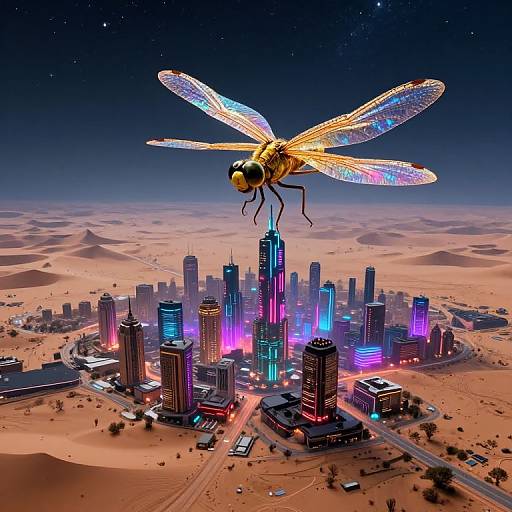 Digital artwork of a glowing, bioluminescent dragonfly hovering above a neon-lit futuristic cityscape in a desert, with starry night sky