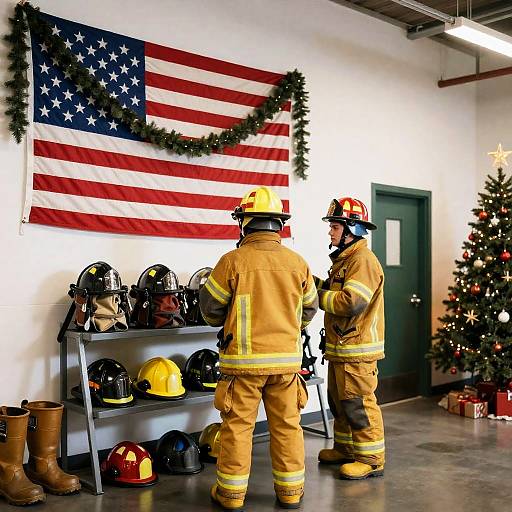 Festive Firehouse Scene with Firefighters
