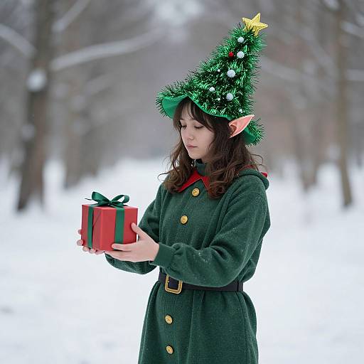 Photograph of a woman in a green coat and elf hat with pointed ears, holding a red gift box, standing in a snowy forest.
