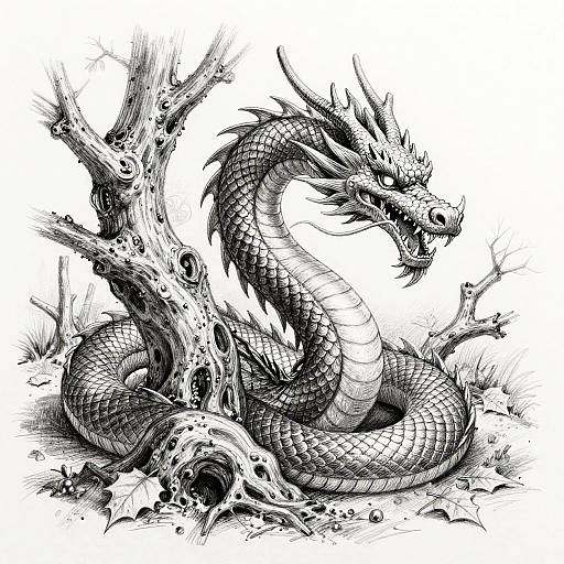 Black and white ink drawing of a fierce, coiled dragon with detailed scales, sharp horns, and an open mouth, entwined around a spl