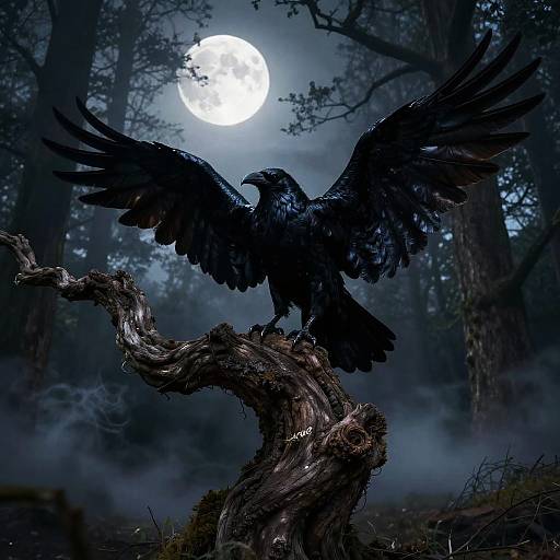 Digital artwork of a black raven with wings spread, perched on a twisted, moss-covered tree in a dark, misty forest under a full