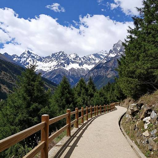 Photograph of a winding, wooden-fenced path through a dense forest, leading to snow-capped mountains under a bright blue sky.