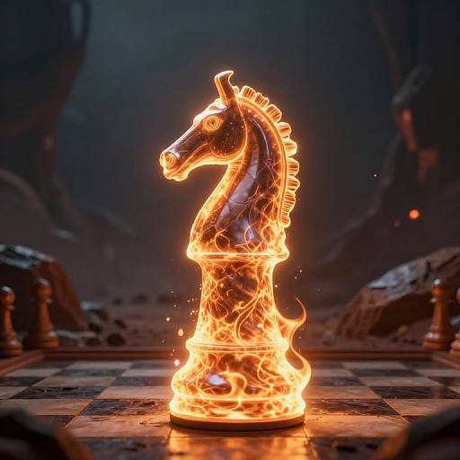 Photorealistic CGI of a flaming chess horse piece standing on a checkered board, with blurred dark background and scattered chess pieces.
