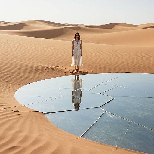 Photograph of a woman in a white dress standing on a mirrored platform in a vast, sunlit desert with rippled sand dunes. Her reflection