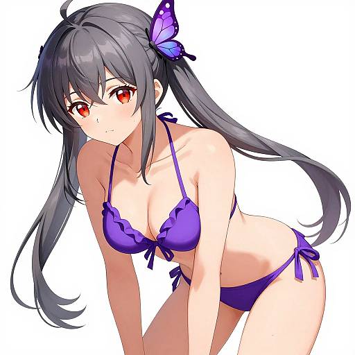 Anime-style digital drawing of a cute, dark-haired girl with red eyes, wearing a purple bikini, and a purple butterfly hairpin, leaning forward against