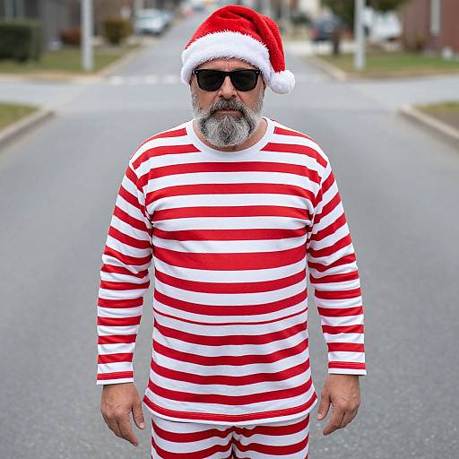 Photograph of a bearded man with gray hair wearing a Santa hat, black sunglasses, red and white striped pajamas, standing in an empty,