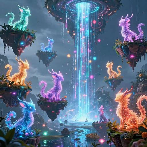 Digital fantasy art: Bioluminescent, dragon-like creatures with vibrant blue, purple, and orange hues float on floating islands around a glowing waterfall in