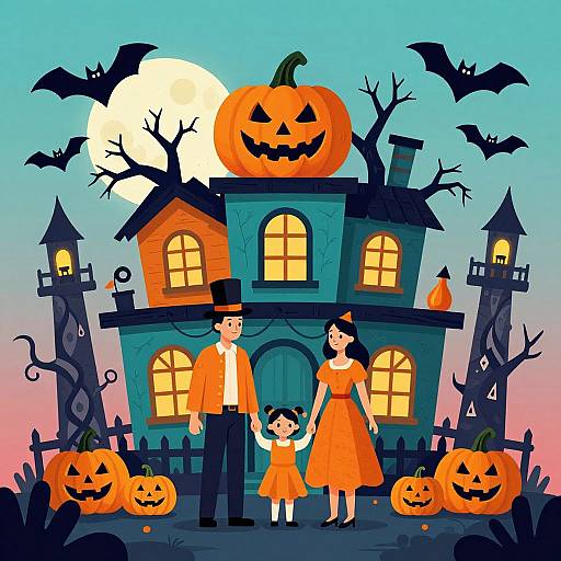 Digital illustration of a family in orange Halloween costumes standing in front of a spooky, pumpkin-adorned house with bats and jack-o'-lanterns