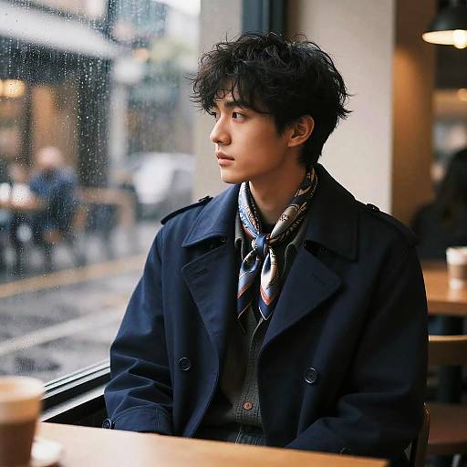 Thoughtful Young Man in Rainy Café