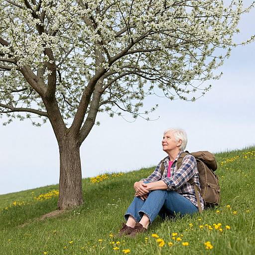 Photograph of a blonde woman with short hair, wearing a plaid shirt and blue jeans, sitting under a blooming white tree on a grassy