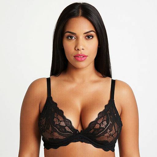Photograph of a young woman with long black hair, medium brown skin, wearing a black lace bralette, against a white background.