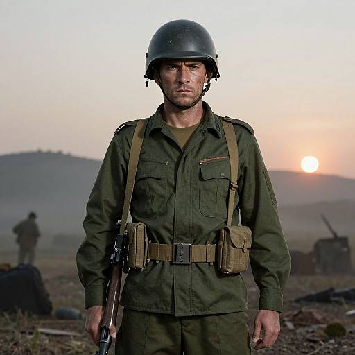 Stern Soldier in Green Military Uniform with Rifle