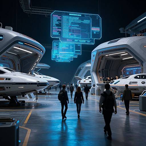 High-tech hangar with glowing blue holographic screens, silhouetted people walking among futuristic white aircraft, illuminated by bright overhead lights.