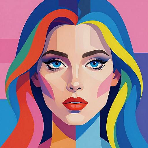 Digital pop art portrait of a woman with vibrant blue, red, yellow, and green hair, striking blue eyes, and bold red lips, against a