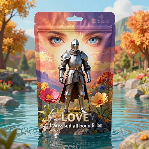 Photograph of a plastic toy armor figure on a colorful, autumn-themed background, standing in a blue, rocky stream, with 