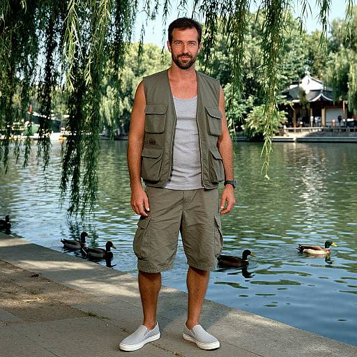 Photograph of a bearded man with short brown hair, wearing a white tank top, olive green vest, cargo shorts, and white sneakers, standing