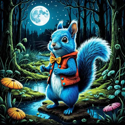 Whimsical Blue Squirrel in Moonlit Swamp