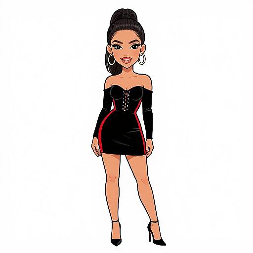 Digital illustration of a confident woman with dark hair in a high ponytail, wearing a black off-shoulder mini dress, black long sleeves, high