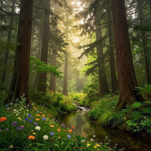Photograph of a sunlit, serene forest with tall redwood trees, a small stream, and vibrant wildflowers including orange, blue, and white