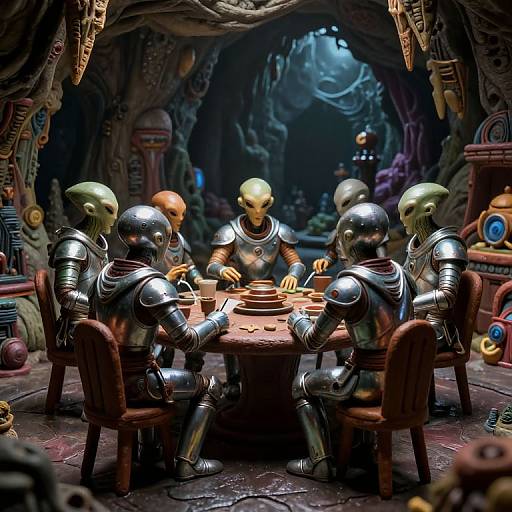 Photograph of four green-skinned, helmeted humanoid robots in shiny armor, seated at a wooden table in a dimly lit, cave-like room